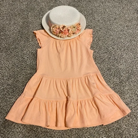 Charming Peach Kids Dress with Floral Hat - Picture 1 of 6